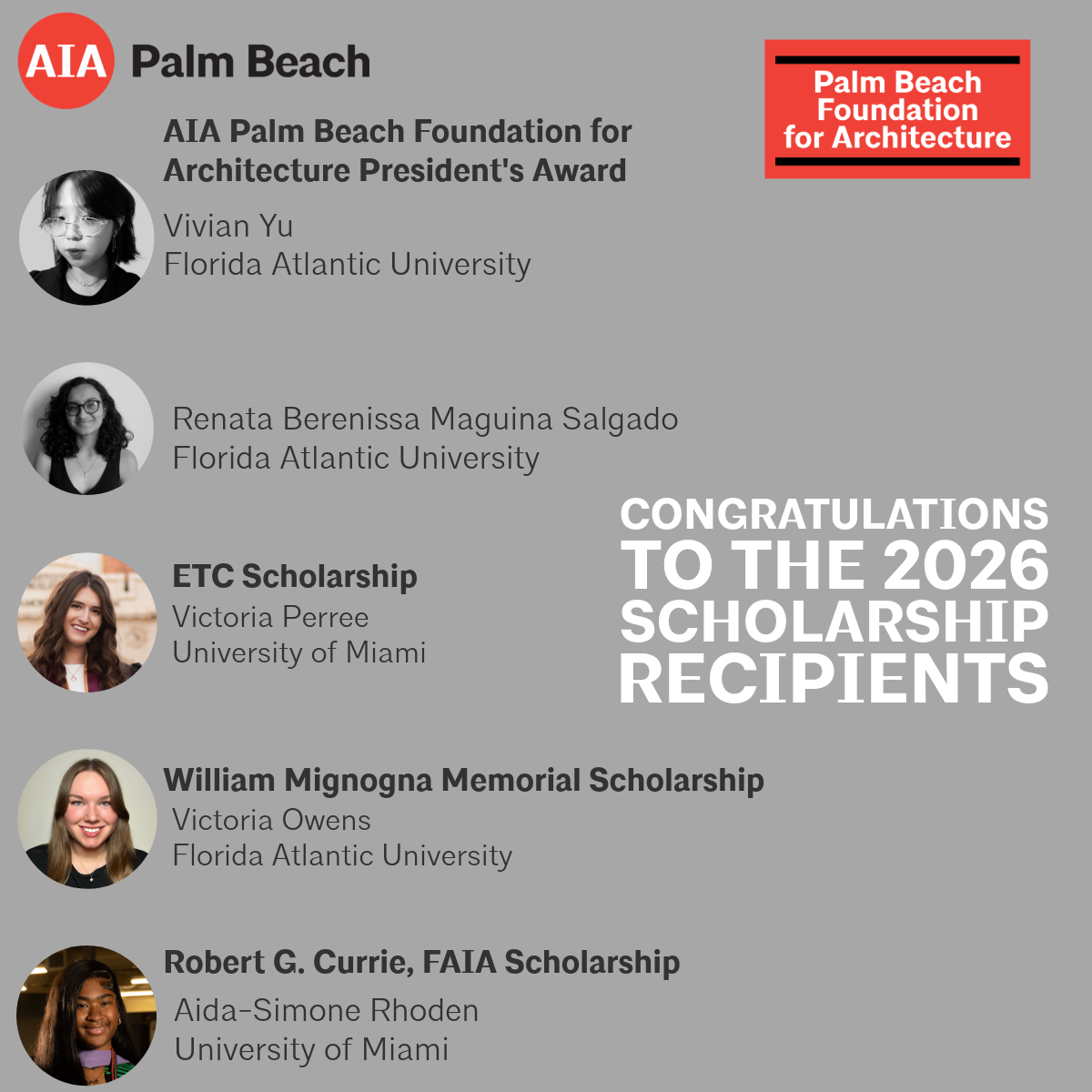 Palm Beach Foundation for Architecture 2024 Scholarship Recipients
