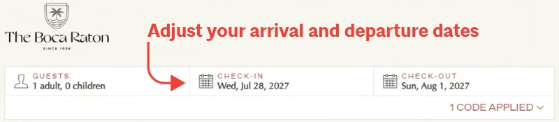 Booking page showing arrival and departure dates